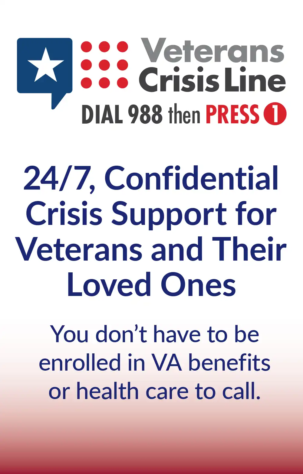 Veterans Crisis Line – Dial 988 then Press 1